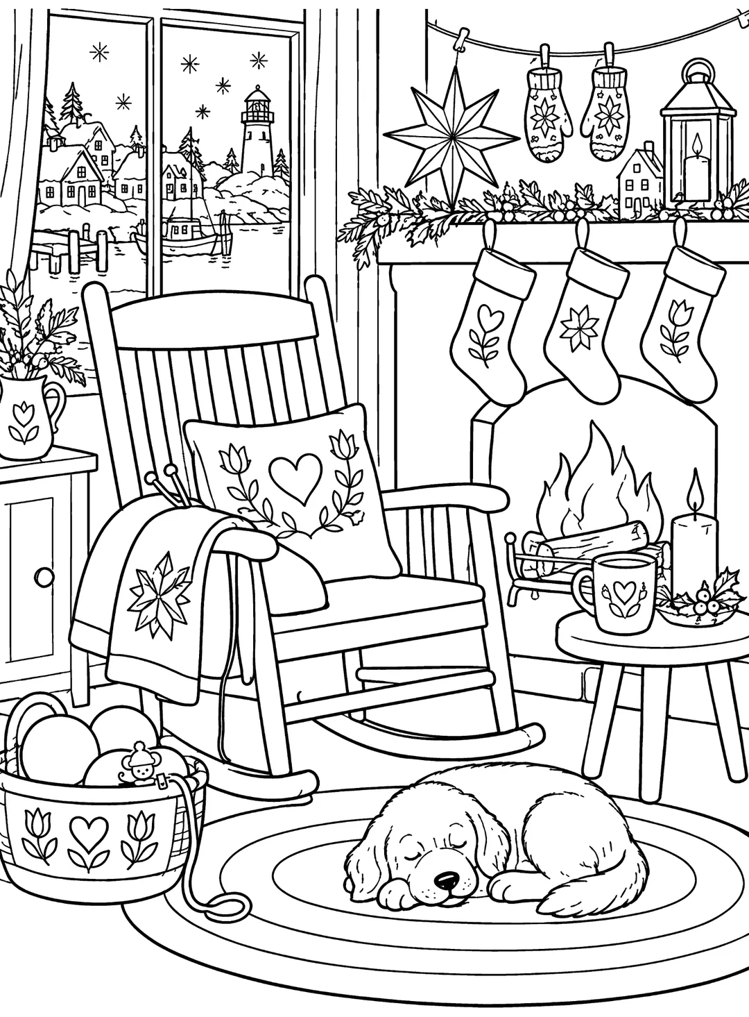 Line-art scene of a warm reading nook, with a sleeping dog, fireplace and winter cottages visible through the window