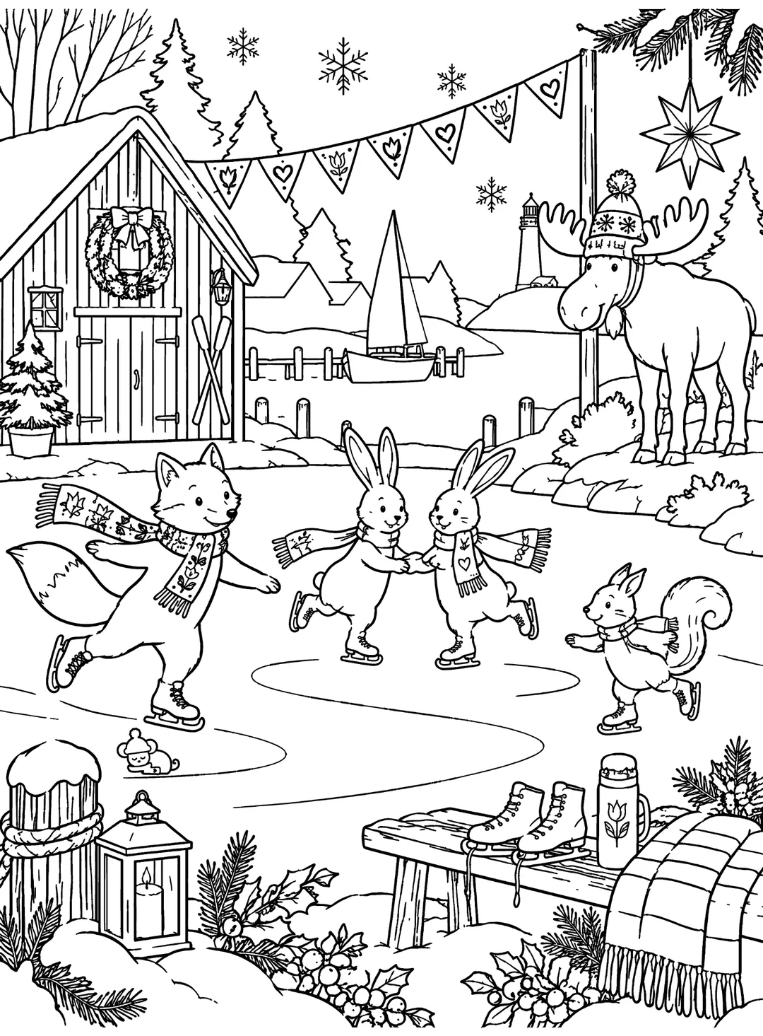 Christmas coloring page with a fox, rabbits and squirrel skating outside near a moose, snowy houses and boats on a harbor