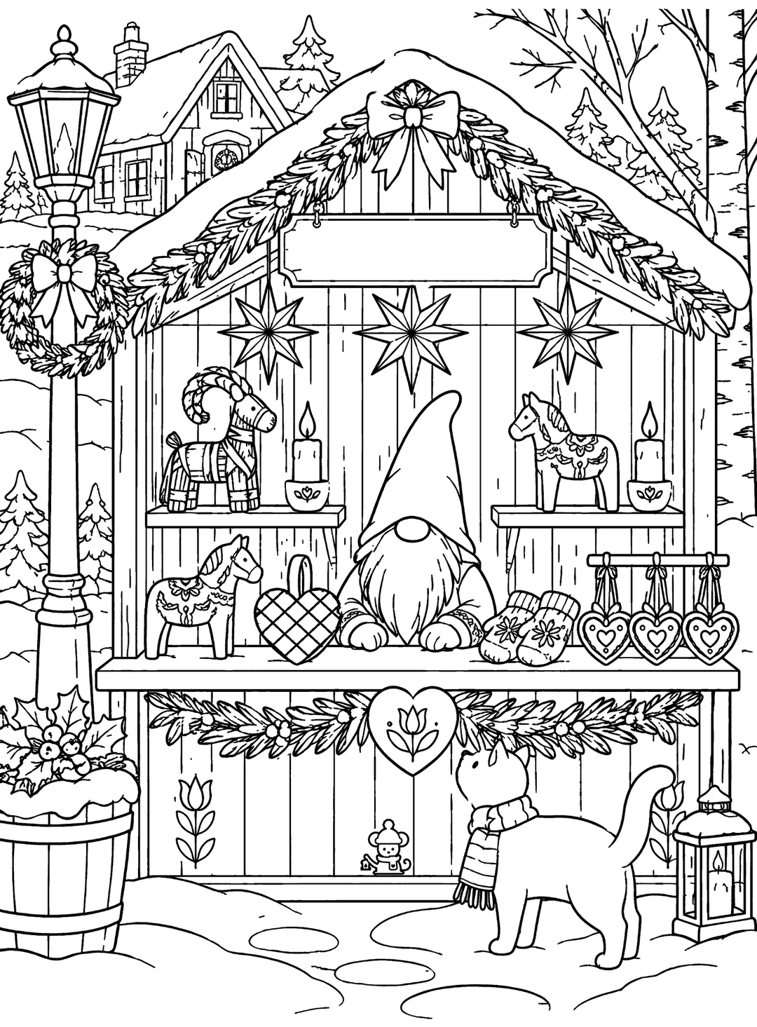 Line-art holiday market stall decorated with stars and folk ornaments, with a gnome, cat, and winter village behind