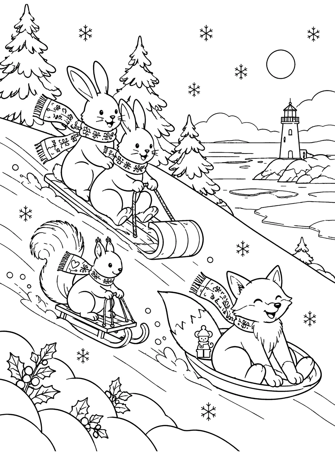 Line-art rabbits, squirrel and fox sledding down a snowy hill overlooking the harbor lighthouse