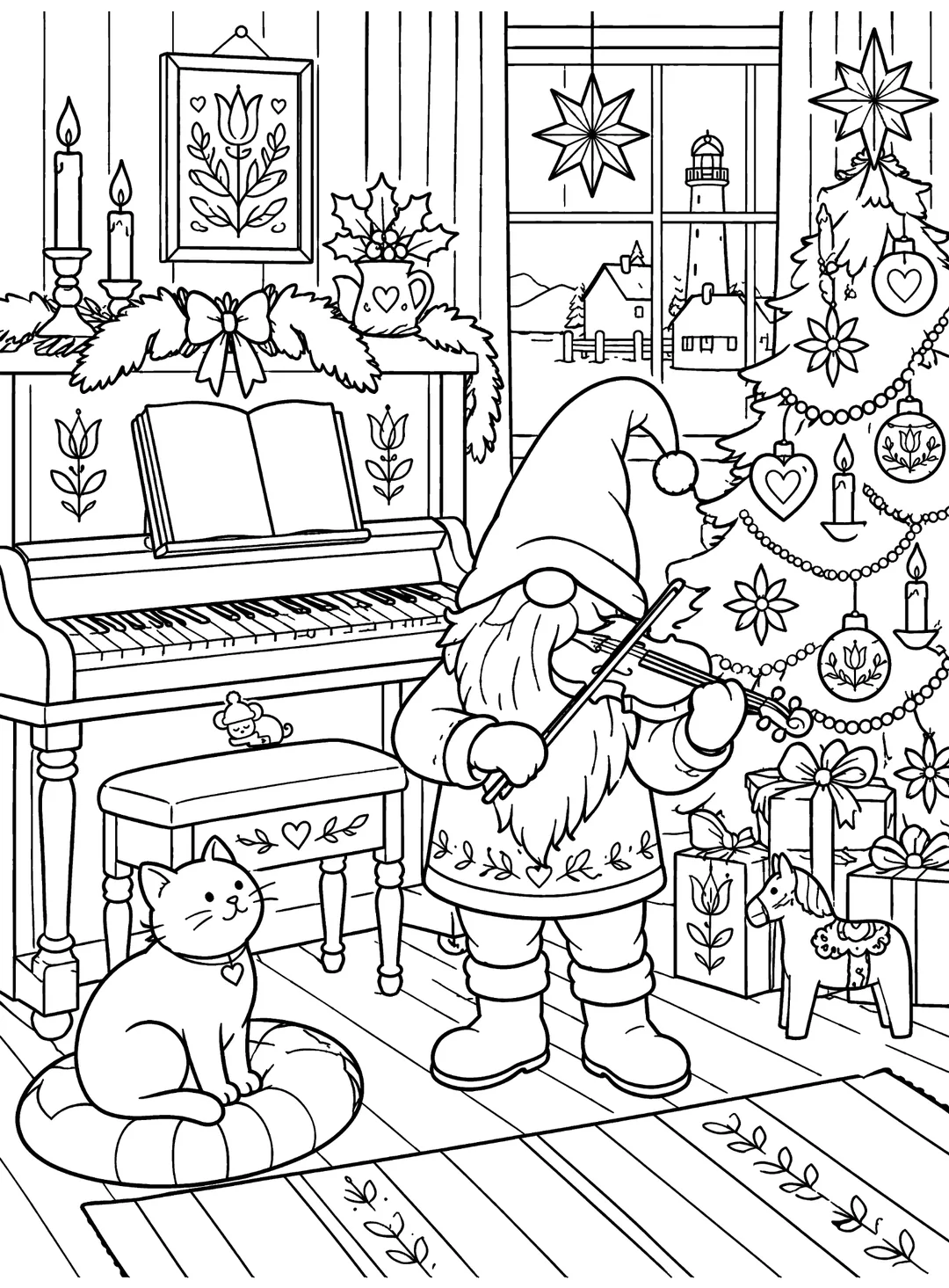 Christmas line drawing of a gnome playing violin near a piano, cat, candles and decorated tree