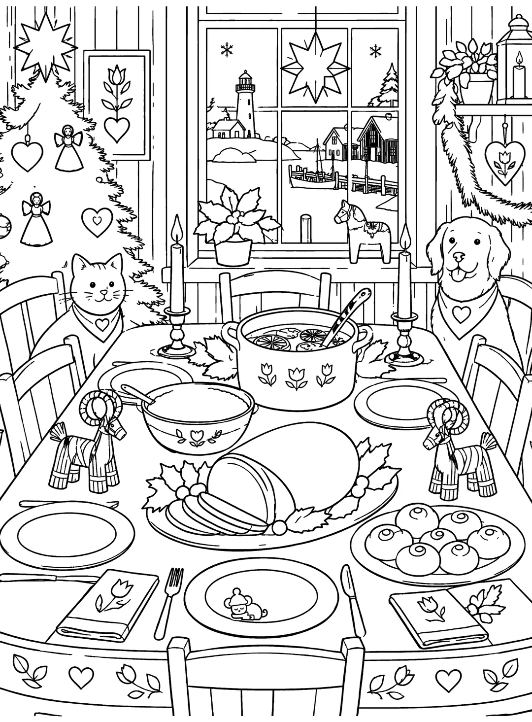 Actual coloring page of a holiday dinner table with detailed ornaments and animals in a harbor cottage