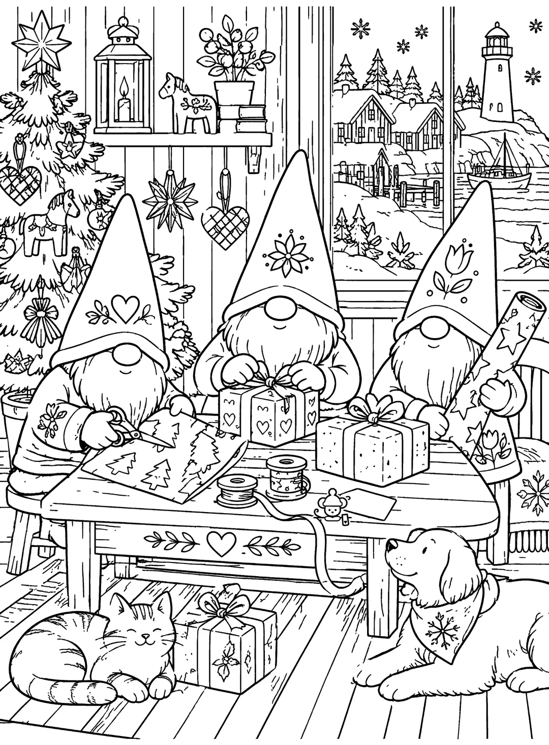 Black-and-white coloring art featuring three gnomes wrapping presents around a worktable as a cat and dog look on