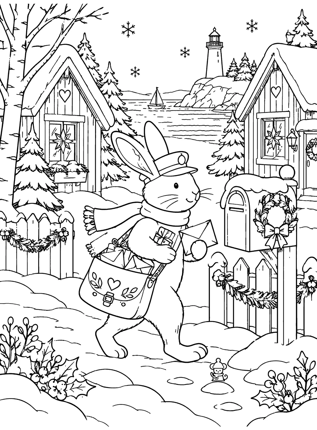 Whimsy Harbor line-art scene of a rabbit delivering holiday mail beside snow-covered harbor cottages and a lighthouse